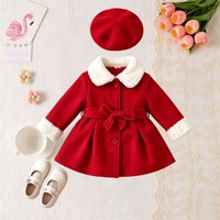 Ensemble manteau et béret rouge pour bébé fille, style automne-hiver, Noël, avec col et poignets fourrés, et nœud à la taille