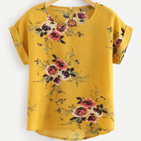 Blusa de Moda de Verano con Estampado Floral Pulóver Casual para Damas Camisa de Manga Corta para Mujer con Cuello Redondo