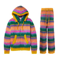 Pull en mohair personnalisé OEM, pantalon pour homme, tricot à manches longues, tricot d'hiver rayé, cardigan à capuche zippé, ensemble de pulls pour homme
