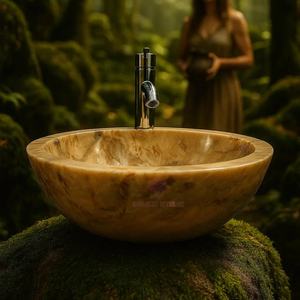 Ronde Gouden Honing Marmeren Vat Gootsteen Handgesneden Natuursteen Badkamer Ijdelheid Kom High-End Luxe - Product Image 4