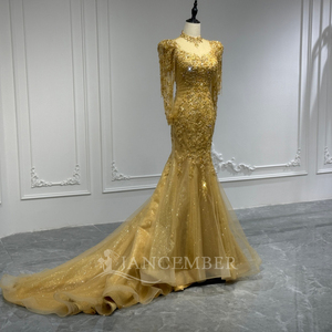 Robe de soirée sirène de luxe Xs228 en dentelle royale avec appliques de cristaux et volants, dorée, élégante, pour femme, idéale pour les fêtes et mariages - Product Image 5