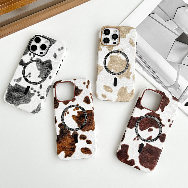 New Arrival PU Leather Cow Pattern Mobile Phone case for Iphone 16 17 Pro Max for samsung S25 Hard PC Wireless Charging case