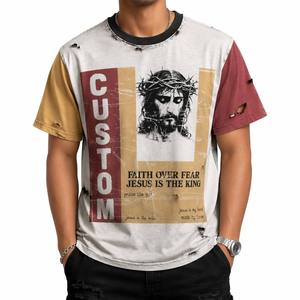 T-Shirt Oversize da Uomo in Cotone Pesante con Stampa Vintage Personalizzata 'Faith Over <span class=keywords><strong>Fear</strong></span> Jesus King', Effetto Lavaggio Acido e Blocchi di Colore - Product Image 1