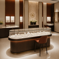 Solution de design d'intérieur de bijouterie en bois de noyer de style brutaliste, vitrine en verre sur mesure, éclairage LED, écologique, solution complète pour centres commerciaux