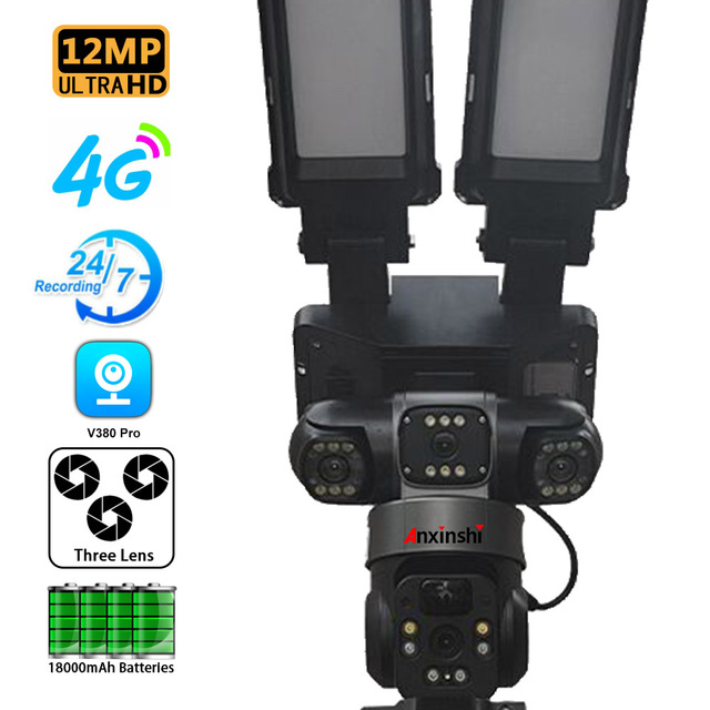 Outdoor Home Security Monitor System 12MP PTZ Solar Wireless Camera Real 3 Lens V380 P2P 4G Camera 18000mAh Batteries
