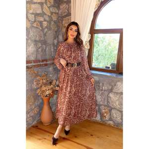 เดรสชีฟองลายดอกไม้สีน้ำตาลหรูหรา ทรงหลวม คอระบาย เอวธรรมชาติ ชุดลำลอง ผ้าบางโปร่ง - Product Image 4