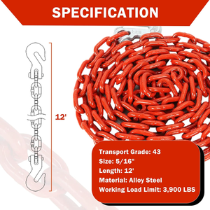 Chaînes de remorquage soudées haute résistance 5/16 po x 12 pi, chaîne de traînage en zinc avec crochets de préhension à étrier galvanisés à chaud, chaîne en spirale galvanisée G30 - Product Image 3