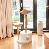 Tour de chat d'intérieur moderne griffoir en bois massif naturel avec panier en osier spacieux hamac condo de luxe pour chat