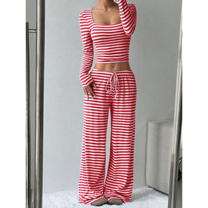 Conjunto Casual de Pantalones Anchos de Cintura Alta con Cuello Cuadrado y Rayas <span class=keywords><strong>para</strong></span> Mujer, Conjunto de Pantalones a Rayas Sólidas - Product Image 2