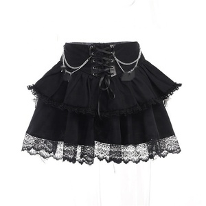Mini jupes en dentelle noire gothique avec chaînes croisées Faldas Y2K Jupes de gâteau à plusieurs niveaux esthétiques Lolita sexy - Product Image 4