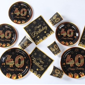Vajilla desechable de oro negro, plato y vaso de papel, servilleta, 40 <span class=keywords><strong>cumpleaños</strong></span>, decoraciones para fiesta, adultos, hombres, mujeres, 40 años, decoración de fiesta - Product Image 4