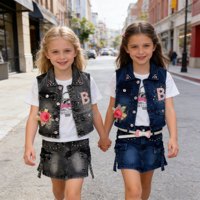 Modèle YQ009, 11,45 dollars, âges 2-5 ans, 3 pièces, un ensemble, vêtements pour bébé fille en jean d'été, ensemble de jeans, ensembles, manteau, t-shirts, jupes