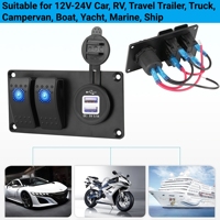 Panneau d'interrupteurs à bascule étanche 12V 2 modules pour applications marines avec ports USB doubles 5V/3.1A, prise chargeur de voiture et autocollant DIY pour bateau, camping-car, camion