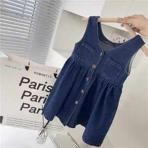 Mode blau Baumwolle Knopf solide Farbe V-Ausschnitt einreißige Oberteile Kinder Mädchen Sommer ärmellos A-Line Denim-Kleid