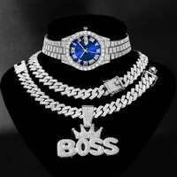 Set Perhiasan Hip Hop Jam Tangan+Kalung+Gelang+Liontin Rantai Kuba untuk Pria, Jam Tangan Mewah Bertabur Kristal untuk Pria