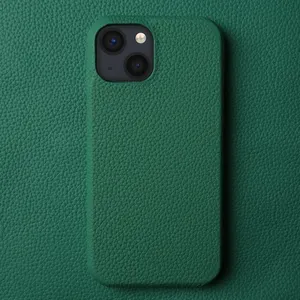 Cuero genuino de grano completo para iPhone 12 13 14 15 Pro Max funda con soporte Lychee Pebble patrón de cuero funda para teléfono móvil