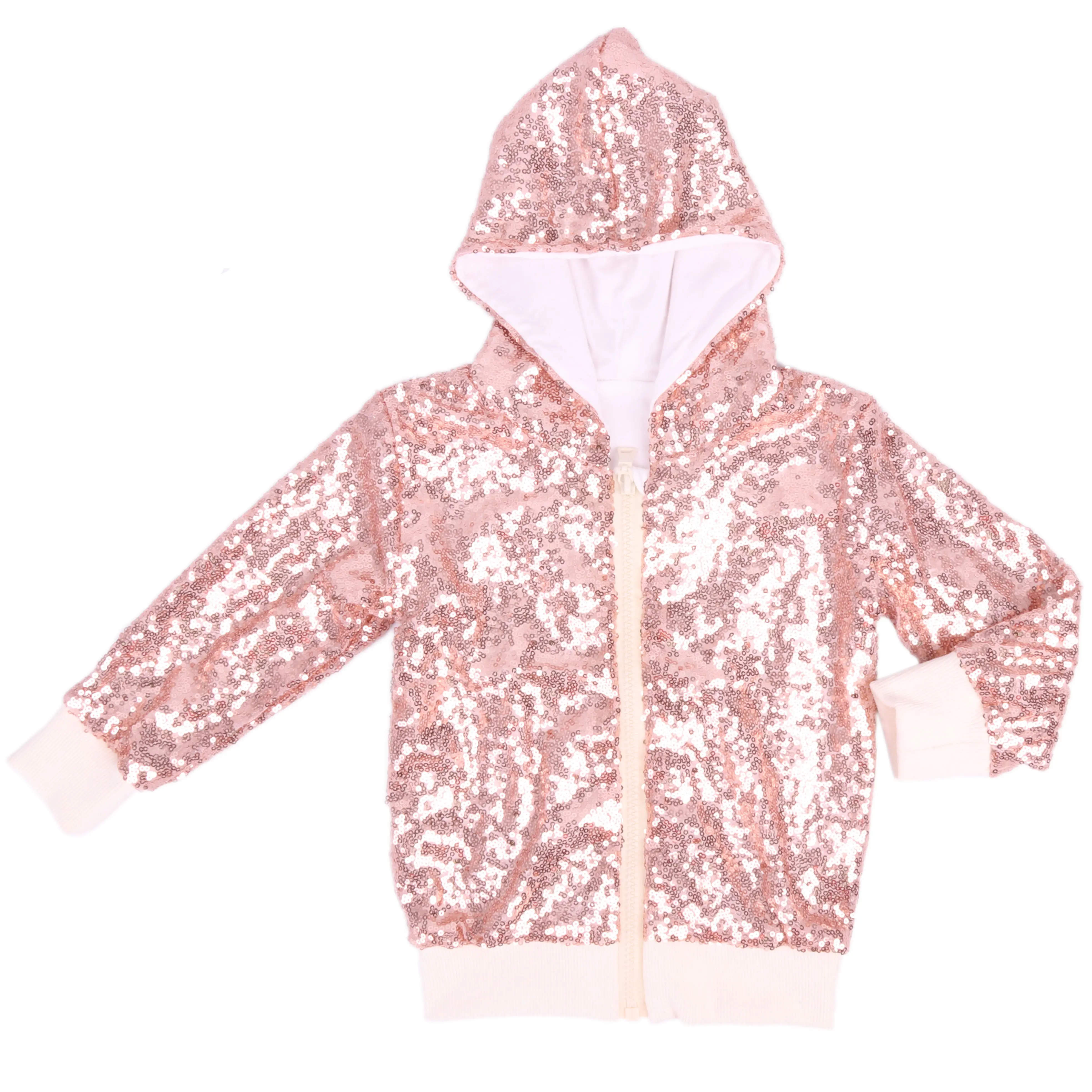 Venta caliente Lentejuelas Rojas Ropa brillante Lovely Varsity Glitzy Kids Bomber Jacket Moda Glitzy Manga larga Chaqueta con cremallera Sudadera con capucha