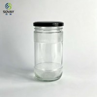 Stoples Kaca Tinggi Bergaris 600ml, Wadah Kosong Berpenutup Ulir untuk Penyimpanan Buah Kering di Dapur Rumah Tangga