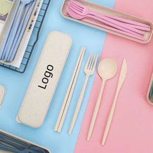 Custom Logo <b>Cheap</b> Reusable Cutlery <b>Set</b> Travel Utensils Wheat Straw Fork and Spoon <b>Gift</b> <b>Set</b> - Product Image 2