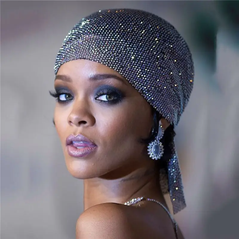 Syal Kepala Wanita Elastis Rihanna Bling Berlian Imitasi Durag Mewah Topi Bajak Laut Jaring Turban