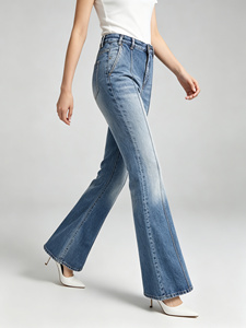 Jean évasé taille mi-haute pour femme, coupe bootcut, en denim stretch délavé bleu clair, style vintage streetwear, coupe slim, pantalon décontracté, grandes tailles - Product Image 3