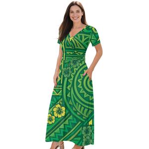 Abito a manica corta con Design polinesiano a basso MOQ con tasche da donna con scollo a V allentato abito da festa da spiaggia all'ingrosso - Product Image 2