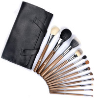 Ensemble de pinceaux de maquillage personnalisés Dongshen en poils de chèvre avec manche en bois, 12 pièces, avec pinceau plat pour poudre, fond de teint, anticernes