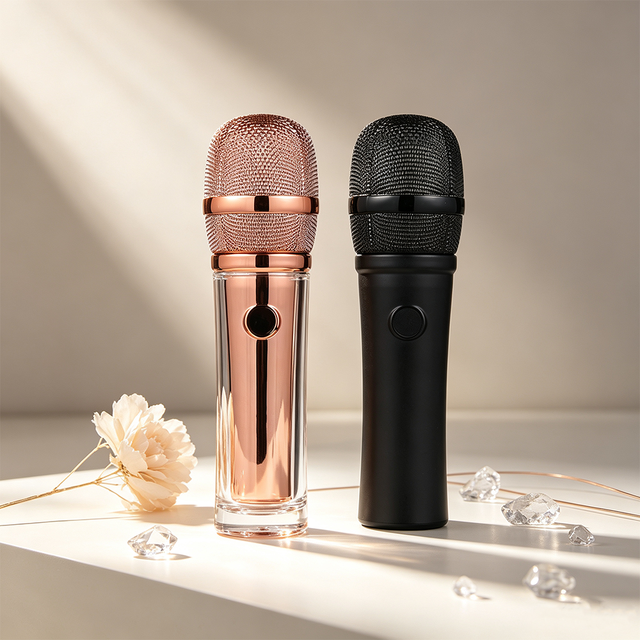 Unique Rose Gold Black Microphone Perfume Spray Bottle with Mesh Textured Dome Cap Wholesale Unique 50ml Glass Perfume Bottle