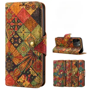 Ethnic Style Wallet Leather Cover for iPhone 15 Pro, Luxury Painting Phone Cover Floral Leather Case for iPhone 15 14 13 12 11 X