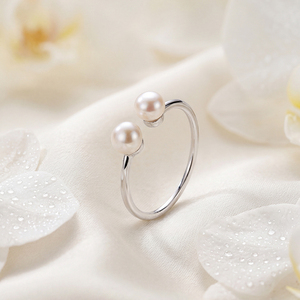 Adjustable Copper Double Freshwater Pearl <b>Open</b> Cuff <b>Ring</b> Minimalist Bypass Pearl Jewelry for Women Daily Wedding Gift - Product Image 3
