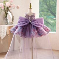 Robe Tutu à Paillettes pour Filles, Robe de Soirée Sans Manches à Pétales 3D, Tenue de Princesse Violette avec Nœud Papillon au Dos pour Enfants