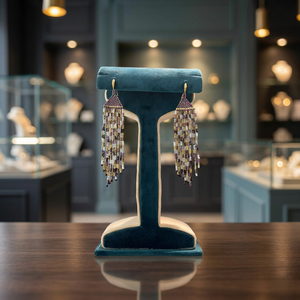 Pendientes de Flecos con Cuentas Miyuki Delica Hechos a Mano en Dorado Metálico, Blanco Perla y Morado Iridiscente, Estilo Boho con Borlas - Product Image 3