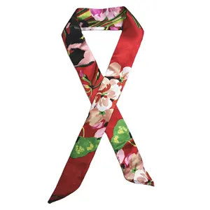 New satin ribbon scarf for women hair tie floral custom logo edge silky printed fashion headwrap