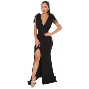 Zwart Rood Sexy Diepe V-hals Patchwork Mesh Stretchy Split Voor Floor Lengte Avondjurk Mermaid Maxi Jurk