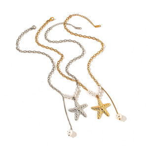 Collier en acier inoxydable avec pendentif étoile de mer et perle, plaqué or 18 carats, pour femme, à porter au quotidien - Product Image 3