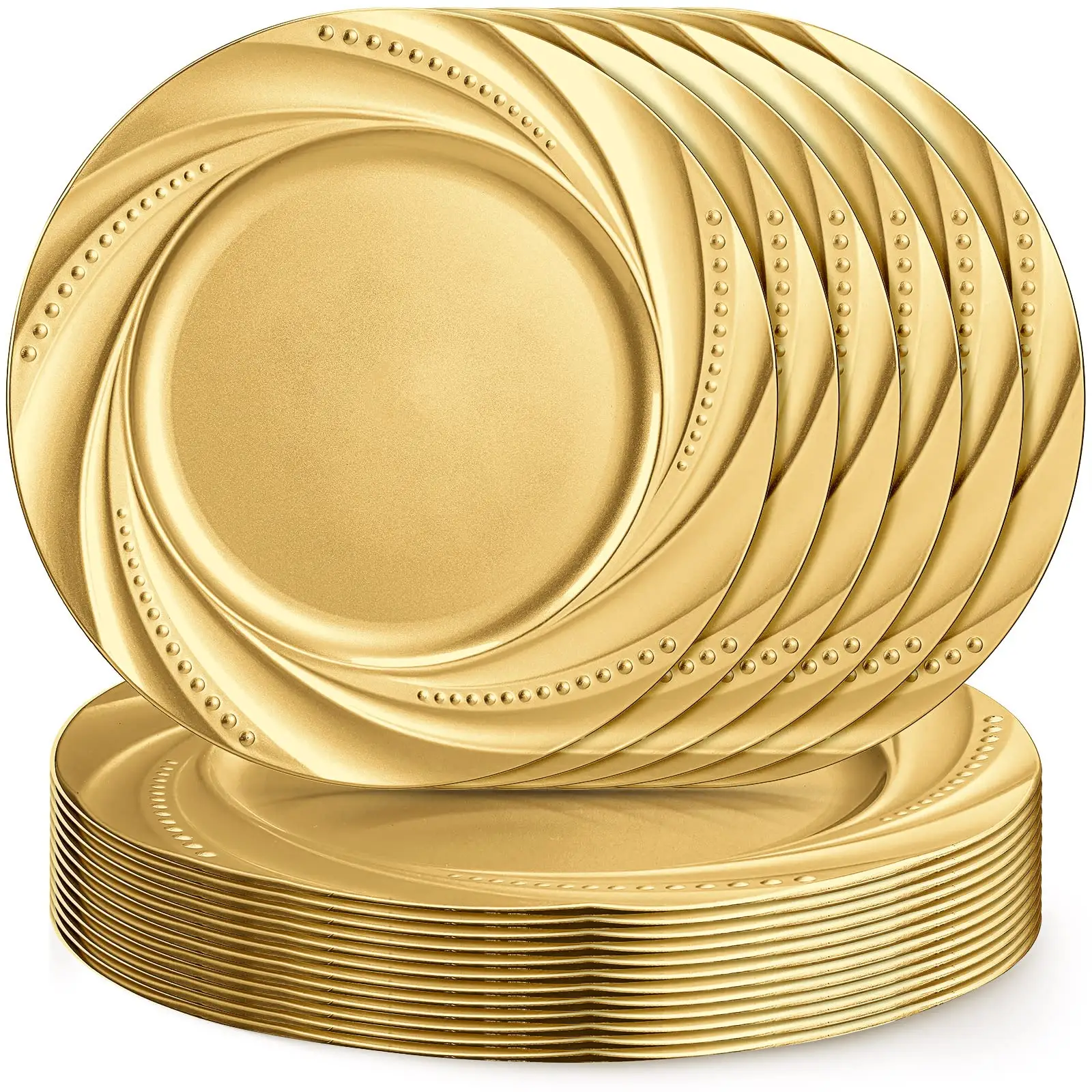 Set di piatti per caricabatterie per ricevimenti di nozze caricabatterie per la cena con perline di plastica piatto per banchetti con caricabatterie rotondi in oro a spirale di fiori