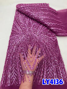 NI.AI Nouvelle conception de dentelle en filet perlée et à paillettes, robe de mariée bleue, tissu en dentelle perlée pour robe de soirée pour femmes - Product Image 3