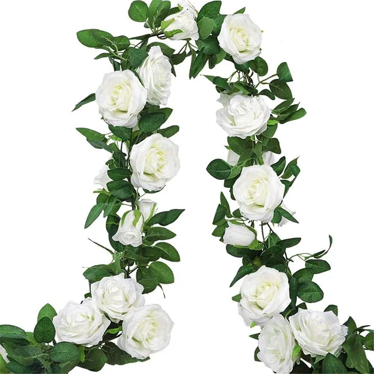 White Rose Garland Artificial Floral Garland White Flower Vines Silk Flower Garland Hanging Rose Ivy for Wedding Arch A501