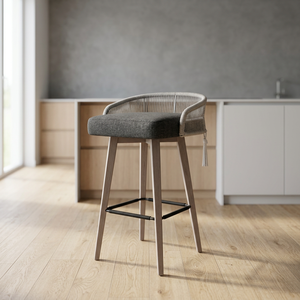 Taburete de bar moderno de ratán con reposabrazos fijo y patas de madera para uso en bares domésticos - Product Image 3