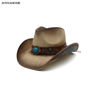 หมวกคาวบอยสีน้ำตาลตะวันตกอเมริกาความแข็งสูงกระดาษฟางป้องกันแสงแดดสำหรับกลางแจ้งหมวกคาวบอยปักลายชายหาดสำหรับปาร์ตี้ - Product Image 5