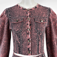 Odm nouveau design col rond poche plaquée haut court bouton coton manches bouffantes tricoté cardigan jupe tricoté 2 pièces ensemble