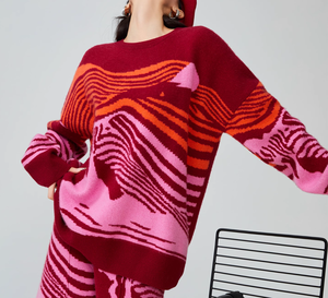 Nuovo Fashion Design ODM & OEM 2025 retrò artistico Jacquard vino rosso vita alta Casual geometrico maglione lavorato a maglia da donna - Product Image 2