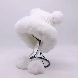 Chapeau oreillette d'extérieur laine tricoté neige ski casquette polaire bombardier trappeur chapeau femmes <span class=keywords><strong>deux</strong></span> fausse fourrure de lapin <span class=keywords><strong>pompon</strong></span> hiver chapeau chaud - Product Image 3