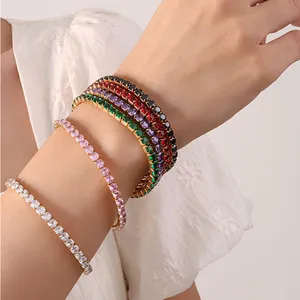 Großhandel kunden spezifische 18 Karat vergoldete Edelstahl Metall Regenbogen bunte Zirkon elastische Stretch 4MM Tennis Armband für Frauen