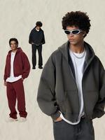 Ensemble de survêtement 3 pièces pour homme, 350 g/m², coupe ample délavée à l'acide, comprenant un sweat à capuche court et large et un pantalon de jogging, avec bords effilochés, style streetwear