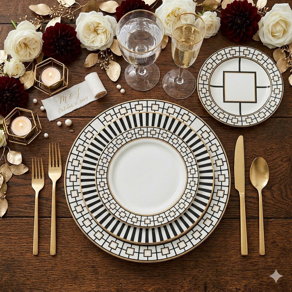 Luxury Art Deco Ceramic Dinnerware Set Black White Geometric Gold Rim ...