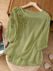 Chemisiers et Blouses Décontractés d'Été Brodés de Luxe à Col Rond et Motifs Floraux pour Femmes, Manches Trois-Quarts Respirantes - Product Image 5