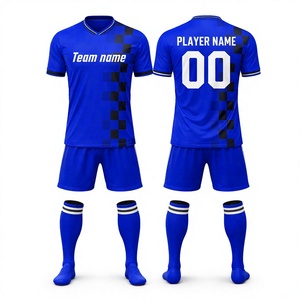 Custom Sublimation <b>Soccer</b> Jersey V-neck Short Sleeve Blue Checkered Pattern 100% Polyester Breathable Adult Men's Team Apparel - Product Image 1