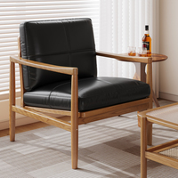 Fauteuil en Cuir Moderne Milieu de Siècle, Structure en Bois Massif, Siège Rembourré Marron, Chaise de Salon pour Séjour
