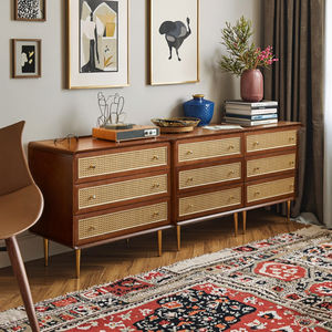 Buffet moderne en bois massif et rotin à 6 tiroirs, <span class=keywords><strong>commode</strong></span> double en osier tressé style bohème chic pour rangement chambre/salon, meuble TV - Product Image 1
